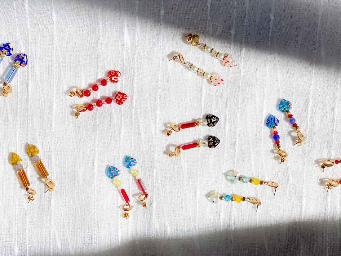 Roop Jewelry, millefiori glass beads, millefiori glass earrings, millefiori jewelry