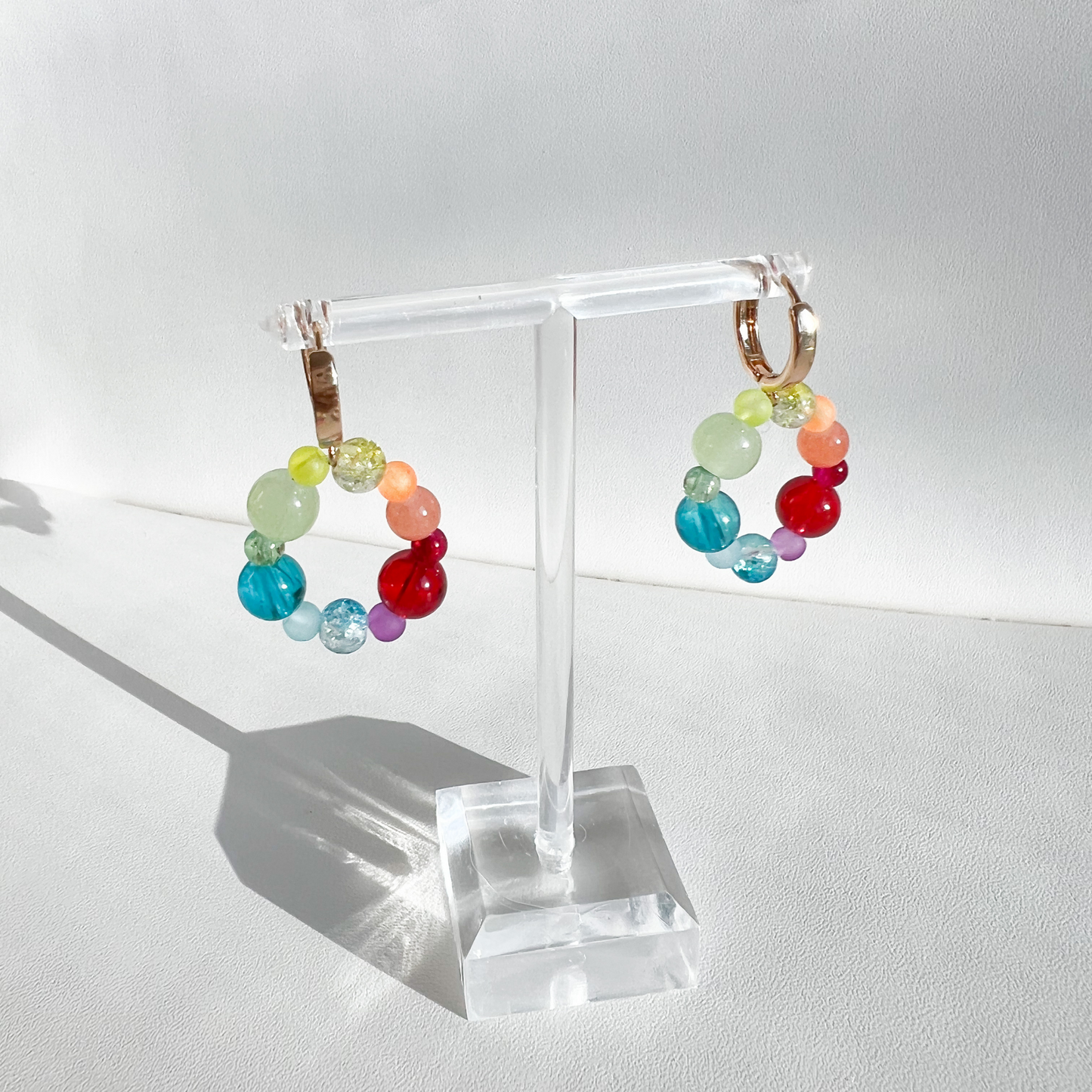 Roop Jewelry rainbow glass earrings. Kindergarten core aesthetic. Summer 2022 aesthetic. Spring 2022 aesthetic. Rainbow aesthetic. Summer 2022 jewelry trends.