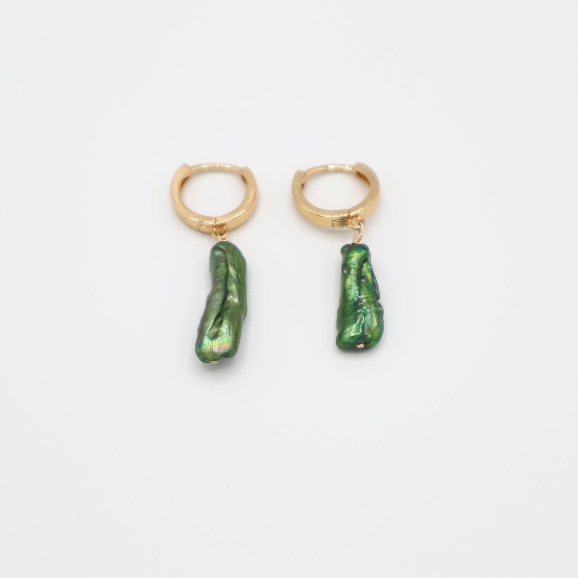 Roop Jewelry Biwa Pearl Earrings in Forest. Green pearl earrings. Shiny pearl earrings made in Oakland, Ca. 