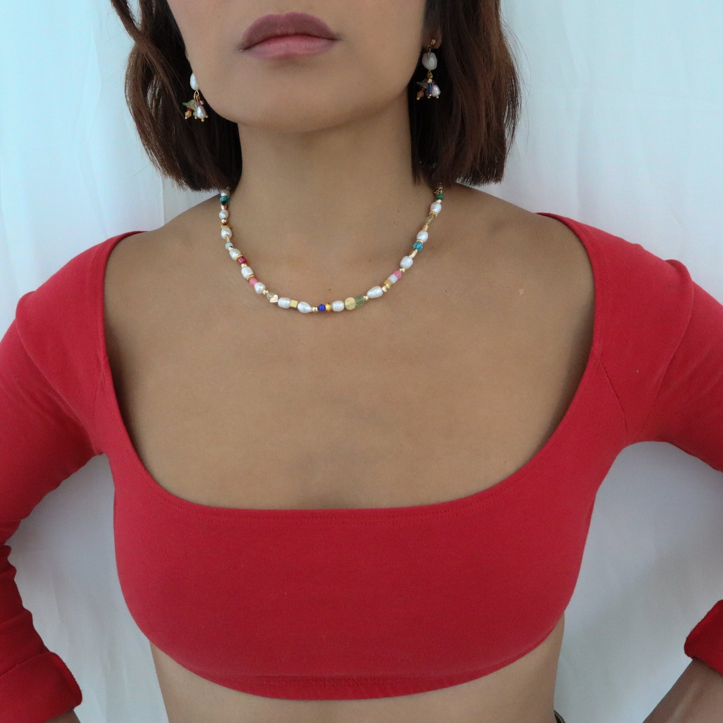 Roop Jewelry Fête Necklace. Holiday party necklace made in Oakland, Ca. Colorful beaded gemstone and pearl necklace. 