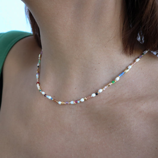 Roop Jewelry Sprinkle Necklace. Tiny gemstone necklace made in Oakland, Ca. Delicate jewelry. Holiday party jewelry. Colorful gemstone handmade jewelry. 