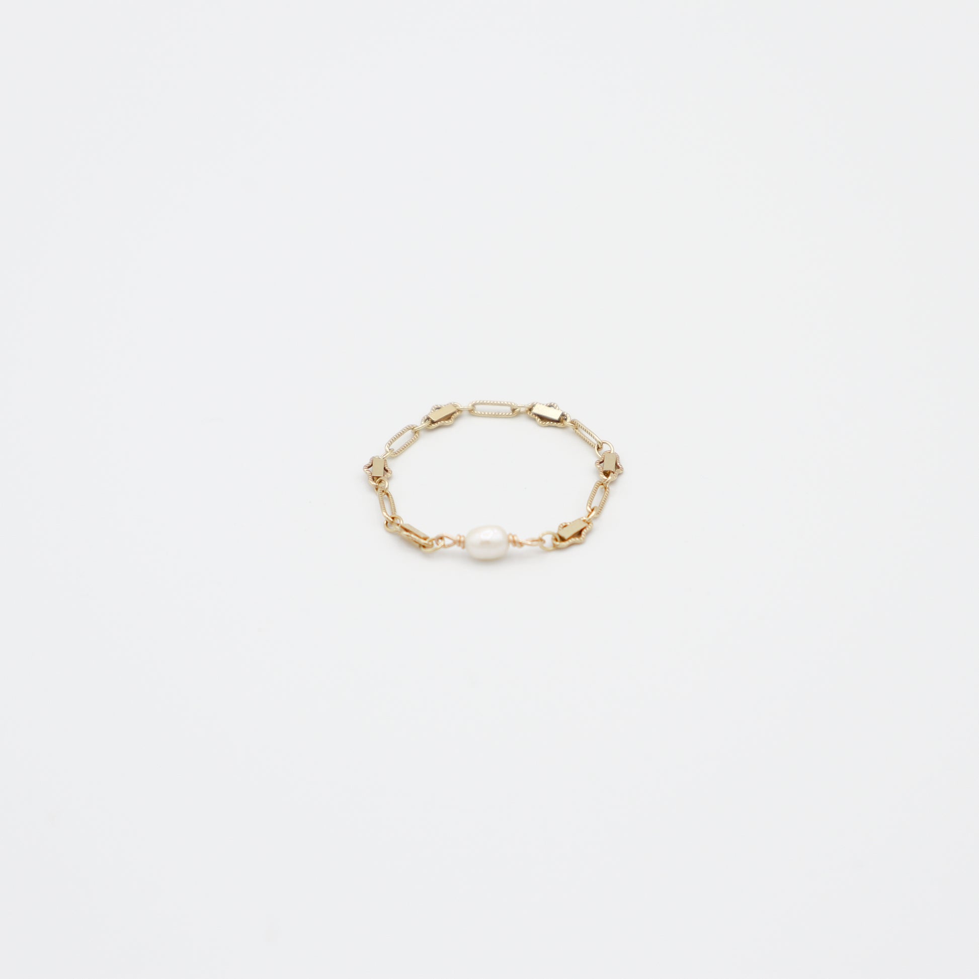 Roop Jewelry tiny pearl chain ring. Handmade 14k gold filled jewelry in Oakland, Ca.